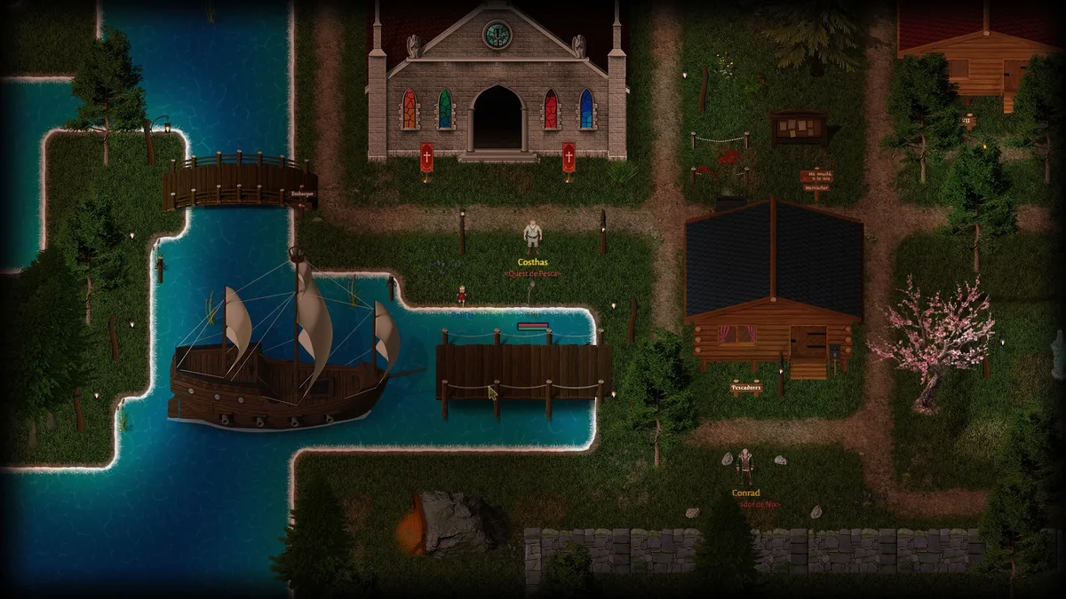 Argentum Online gameplay showing a sailing ship at a wooden dock, a chapel and village paths beside a blue river.