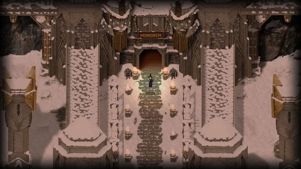 An Argentum Online character stands between burning braziers outside the snow-covered stone gates of Morgrim.